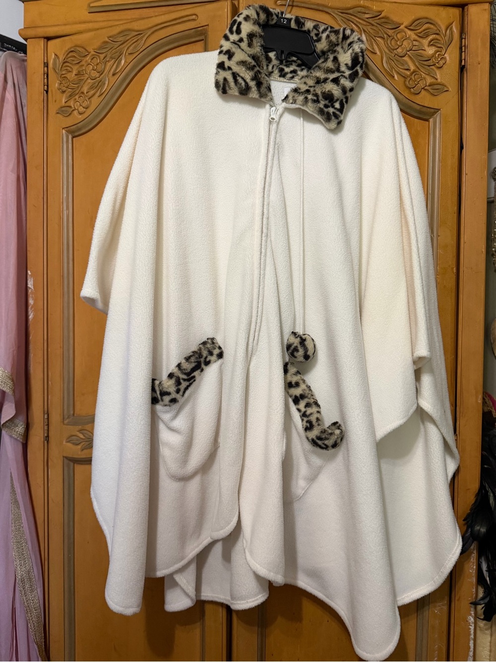 Women's Cream Fleece Poncho with Leopard Trim
